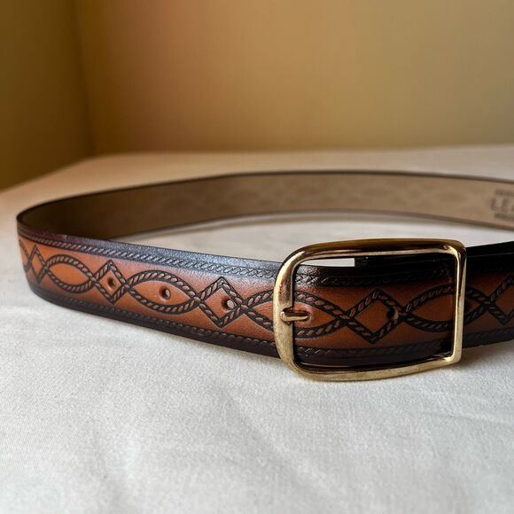 Vintage Western Bonded Leather Belt Brown Rope Pattern with Gold Tone Buckle 30 - Picture 1 of 8